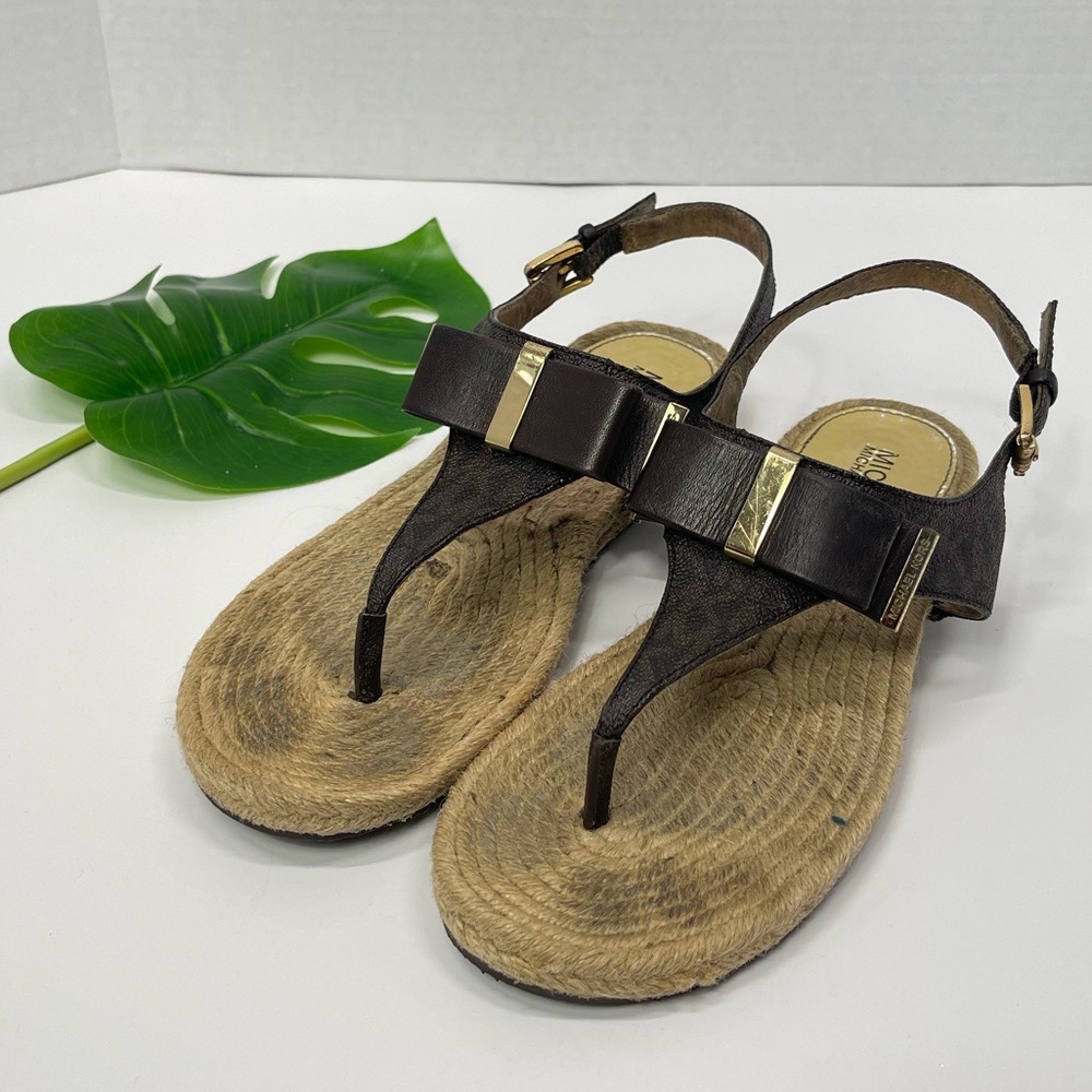 Michael Kors Espadrille Thongs Sandals Gold Brown Bow Flat Sandal Boho Vacation